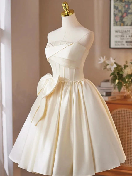 A Line Strapless Short Champagne Satin Prom Dresses, Short Champagne Satin Formal Homecoming Dresses