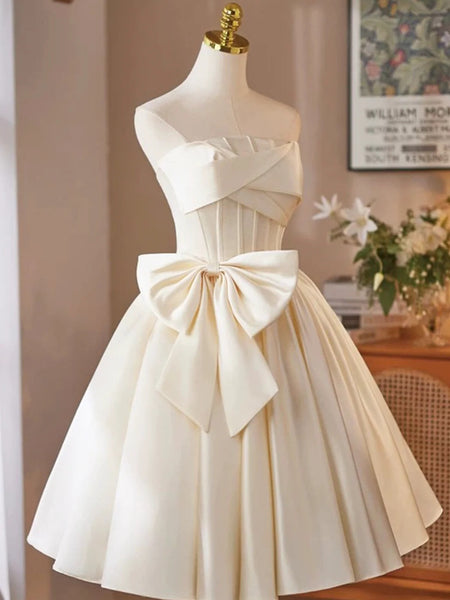 A Line Strapless Short Champagne Satin Prom Dresses, Short Champagne Satin Formal Homecoming Dresses
