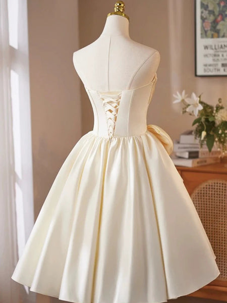 A Line Strapless Short Champagne Satin Prom Dresses, Short Champagne Satin Formal Homecoming Dresses
