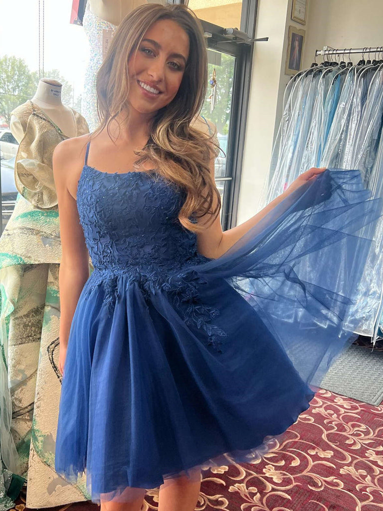 A Line Straps Short Navy Blue Lace Prom Dresses, Short Dark Blue Forma jbydress A Line Straps Short Navy Blue Lace Prom Dresses, Short Dark Blue Forma jbydress