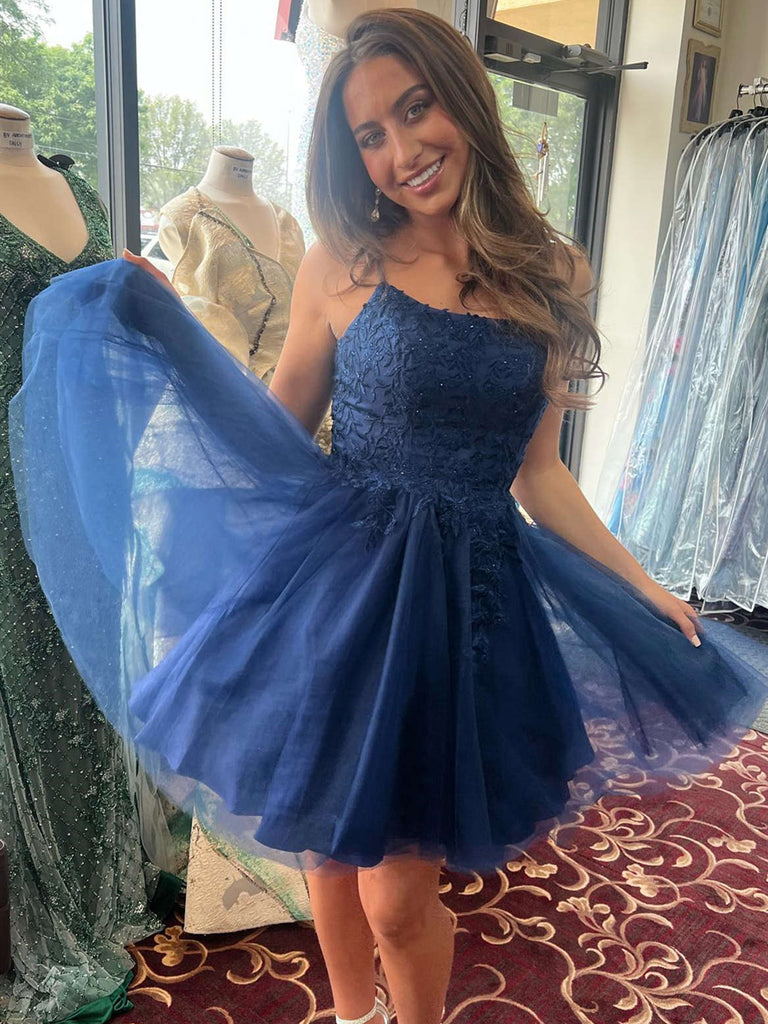A Line Straps Short Navy Blue Lace Prom Dresses, Short Dark Blue Forma jbydress A Line Straps Short Navy Blue Lace Prom Dresses, Short Dark Blue Forma jbydress