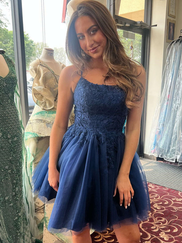 A Line Straps Short Navy Blue Lace Prom Dresses, Short Dark Blue Forma jbydress A Line Straps Short Navy Blue Lace Prom Dresses, Short Dark Blue Forma jbydress