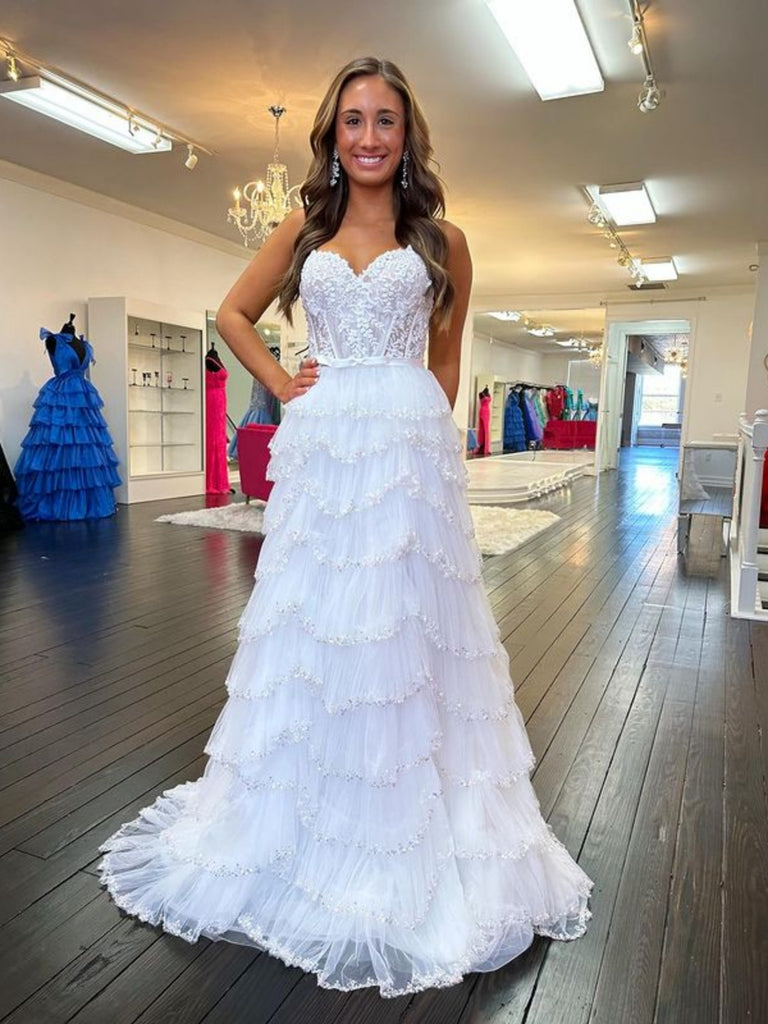 A Line Sweetheart Neck Layered White Lace Long Prom Dresses with
