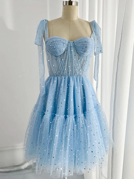 A Line Sweetheart Neck Short Blue Prom Dress with Star, Short Blue Star Formal Homecoming Dresses