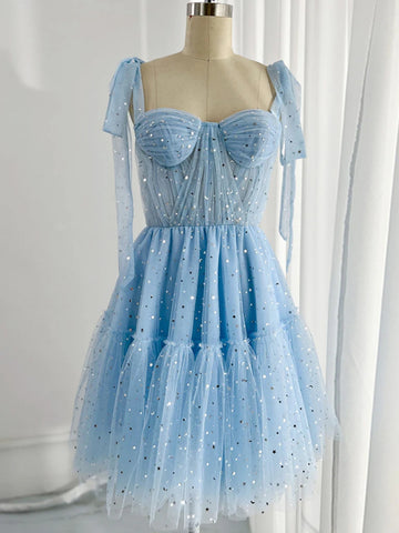 A Line Sweetheart Neck Short Blue Prom Dress with Star, Short Blue Star Formal Homecoming Dresses