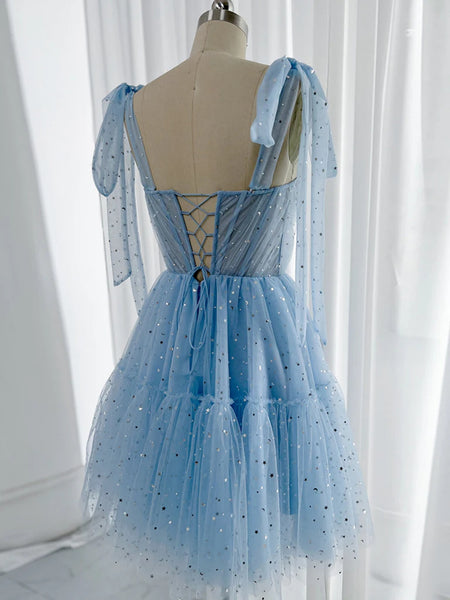 A Line Sweetheart Neck Short Blue Prom Dress with Star, Short Blue Star Formal Homecoming Dresses
