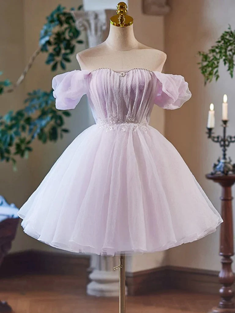 A Line Sweetheart Neck Short Purple Beaded Prom Dresses, Short Purple jbydress A Line Sweetheart Neck Short Purple Beaded Prom Dresses, Short Purple jbydress