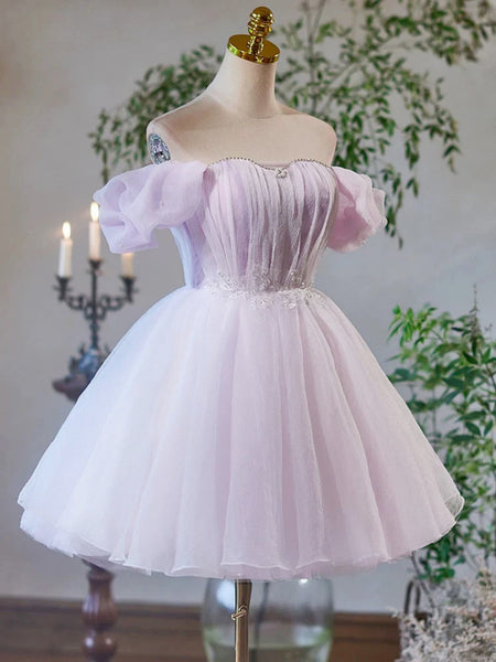 A Line Sweetheart Neck Short Purple Beaded Prom Dresses, Short Purple Beaded Formal Homecoming Dresses