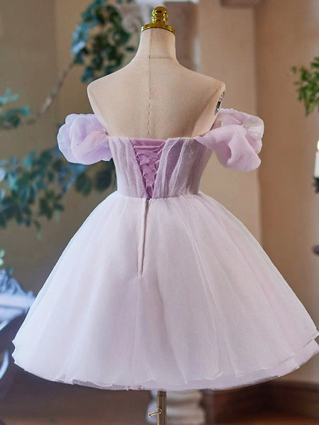 A Line Sweetheart Neck Short Purple Beaded Prom Dresses, Short Purple Beaded Formal Homecoming Dresses