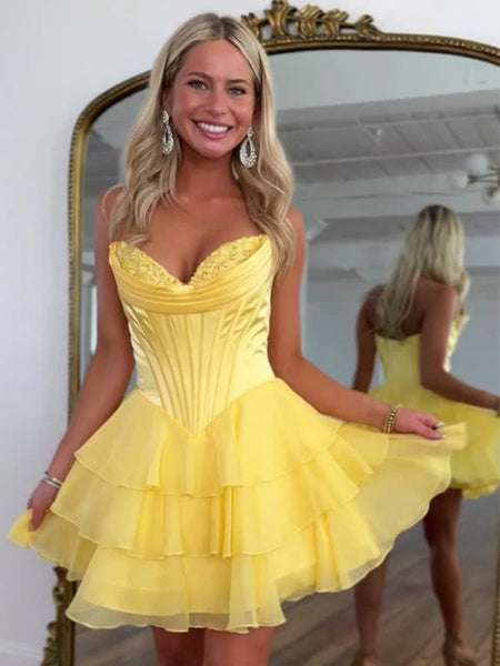 A Line Sweetheart Neck Short Yellow Pink Red Prom Dresses with Ruffles, Short Yellow Pink Red Homecoming Dresses
