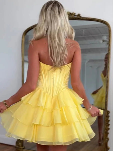 A Line Sweetheart Neck Short Yellow Pink Red Prom Dresses with Ruffles, Short Yellow Pink Red Homecoming Dresses