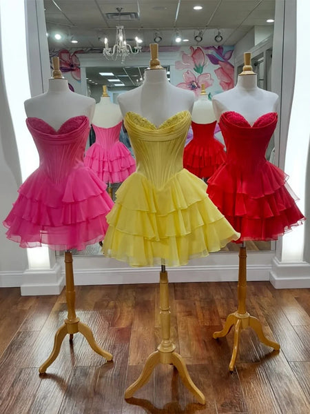 A Line Sweetheart Neck Short Yellow Pink Red Prom Dresses with Ruffles, Short Yellow Pink Red Homecoming Dresses