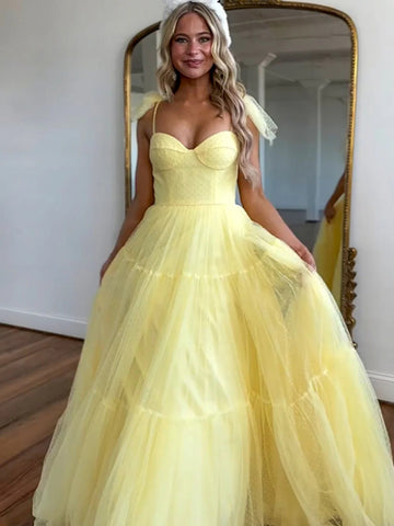A Line Sweetheart Neck Yellow Tulle Long Prom Dresses, Yellow Tulle Long Formal Dresses