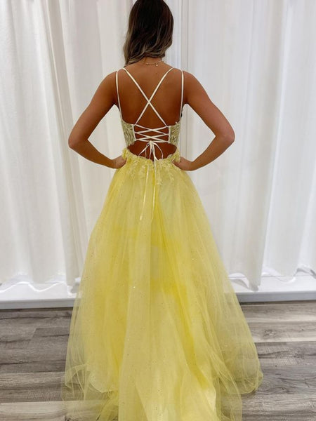 A Line V Neck Backless Yellow Lace Long Prom Dresses, Yellow Lace Formal Dresses, Long Yellow Evening Dresses