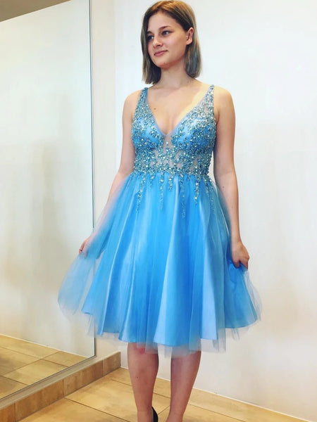 A Line V Neck Beaded Light Blue/Purple Prom Dresses, Light Blue/Purple