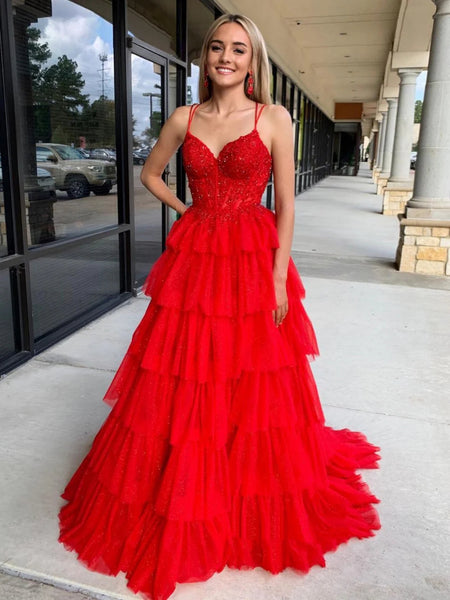 A Line V Neck Beaded Red Lace Long Prom Dresses, Layered Red Lace Formal Dresses, Long Red Evening Dresses
