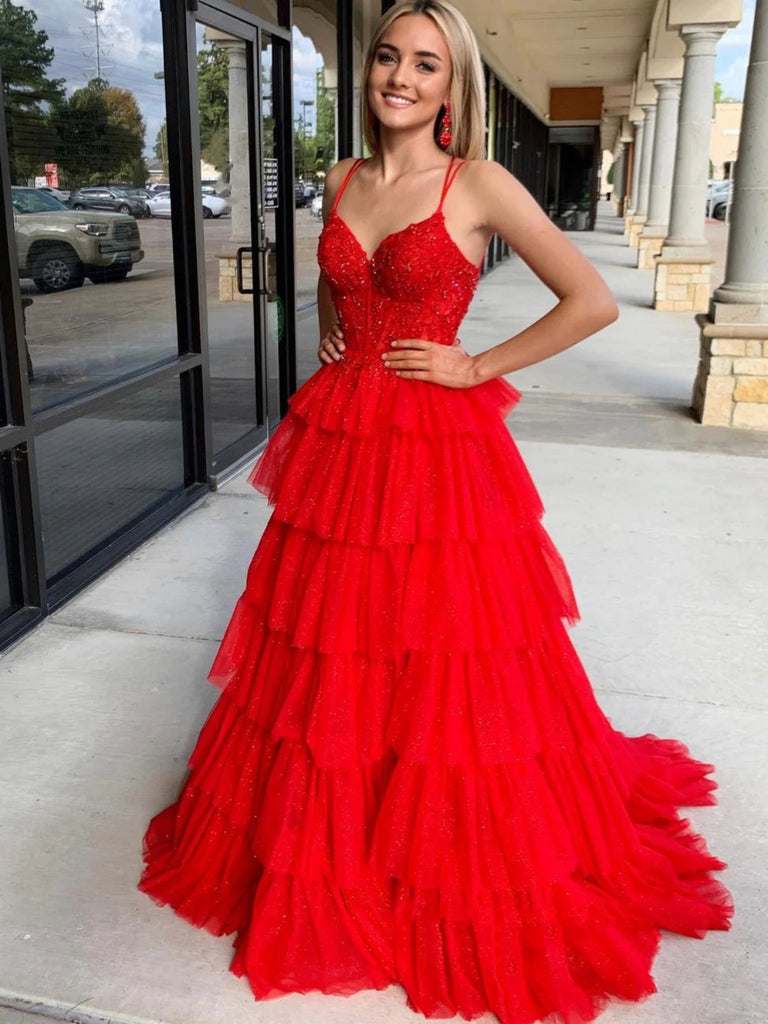 A Line V Neck Beaded Red Lace Long Prom Dresses, Layered Red Lace Form jbydress A Line V Neck Beaded Red Lace Long Prom Dresses, Layered Red Lace Form jbydress