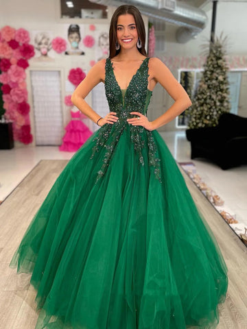 A Line V Neck Green Lace Long Prom Dresses, Green Lace Formal Dresses, Long Green Evening Dresses