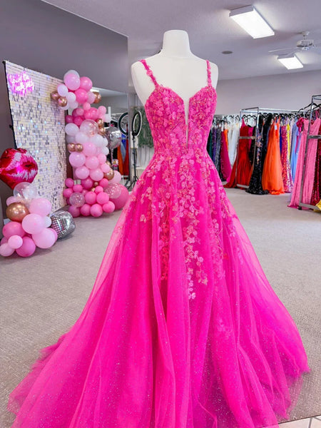 A Line V Neck Hot Pink Lace Prom Dresses, Backless Hot Pink Lace Formal Graduation Dresses