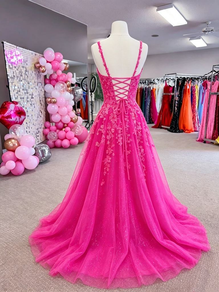 A Line V Neck Hot Pink Lace Prom Dresses, Backless Hot Pink Lace Forma jbydress A Line V Neck Hot Pink Lace Prom Dresses, Backless Hot Pink Lace Forma jbydress