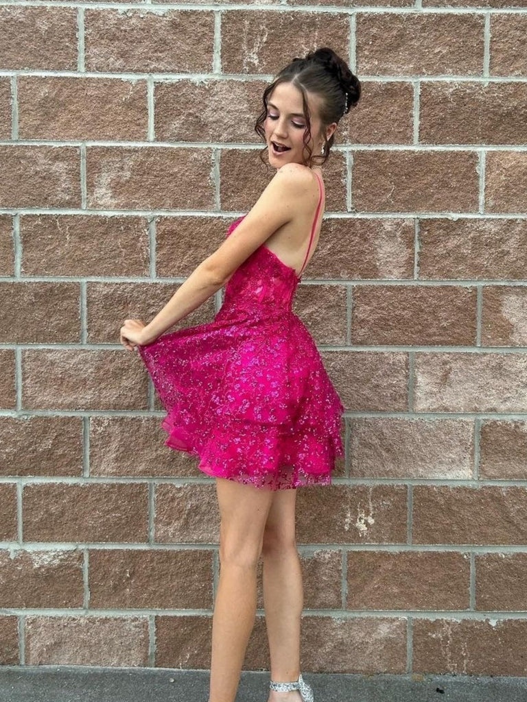 A Line V Neck Layered Fuchsia Lace Prom Dresses, Fuchsia Lace Homecomi jbydress A Line V Neck Layered Fuchsia Lace Prom Dresses, Fuchsia Lace Homecomi jbydress