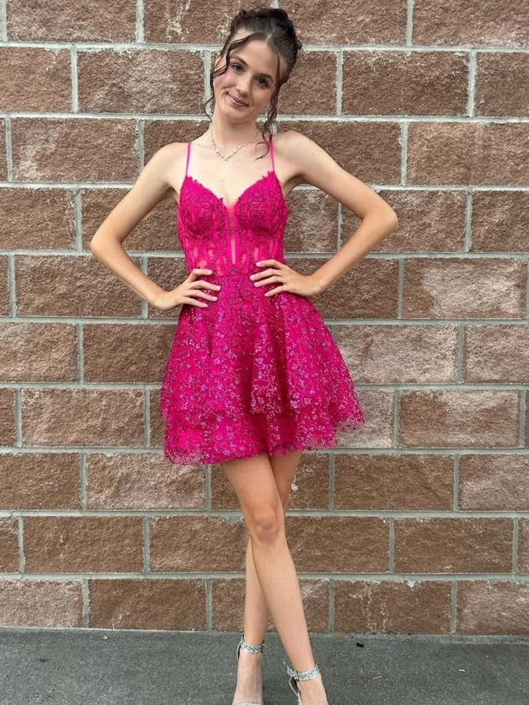 A Line V Neck Layered Fuchsia Lace Prom Dresses, Fuchsia Lace Homecomi jbydress A Line V Neck Layered Fuchsia Lace Prom Dresses, Fuchsia Lace Homecomi jbydress