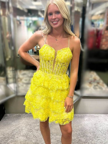 A Line V Neck Layered Yellow Lace Short Prom Dresses, Yellow Lace Homecoming Dresses, Yellow Formal Graduation Evening Dresses