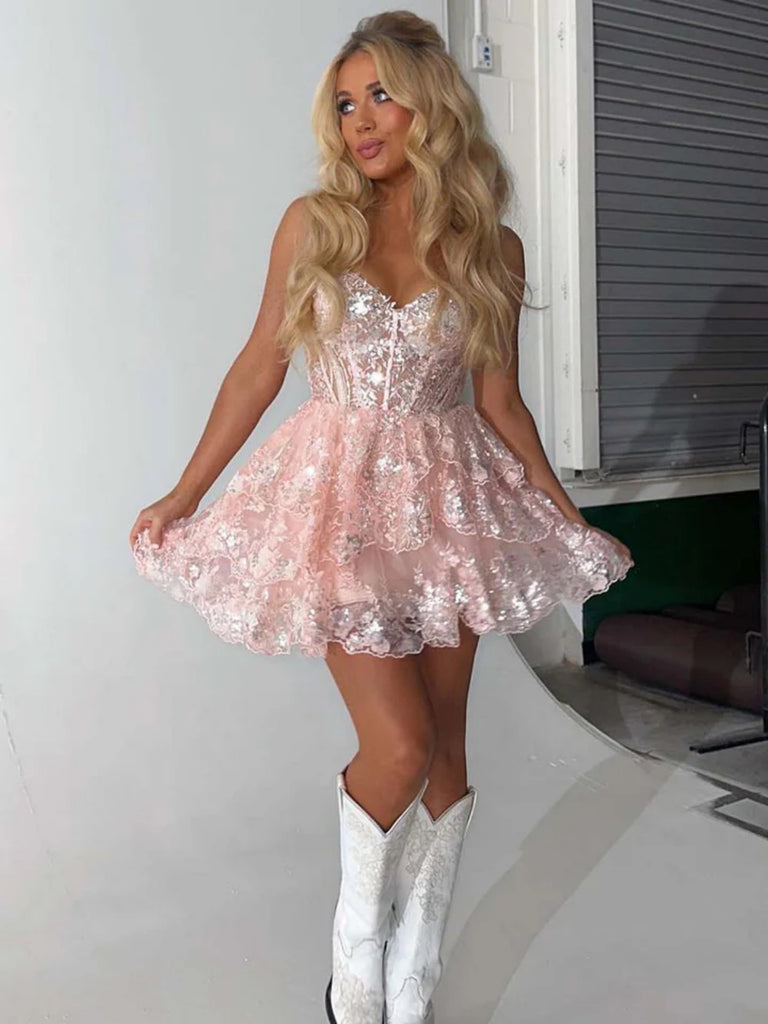 A Line V Neck Light Pink Purple Short Lace Prom Dresses, Short V Neck jbydress A Line V Neck Light Pink Purple Short Lace Prom Dresses, Short V Neck jbydress