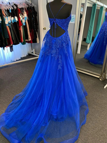 A Line V Neck Open Back Blue Lace Long Prom Dresses with Train, Blue Lace Formal Dresses, Blue Evening Dresses