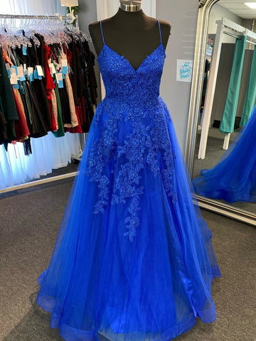 A Line V Neck Open Back Blue Lace Long Prom Dresses with Train, Blue Lace Formal Dresses, Blue Evening Dresses