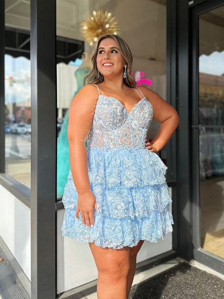 A Line V Neck Open Back Layered Blue Lace Short Prom Dresses, Blue Lace Homecoming Dresses, Blue Formal Evening Dresses