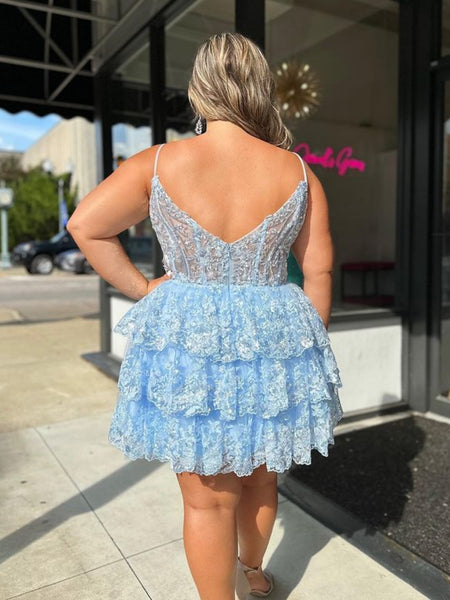 A Line V Neck Open Back Layered Blue Lace Short Prom Dresses, Blue Lace Homecoming Dresses, Blue Formal Evening Dresses