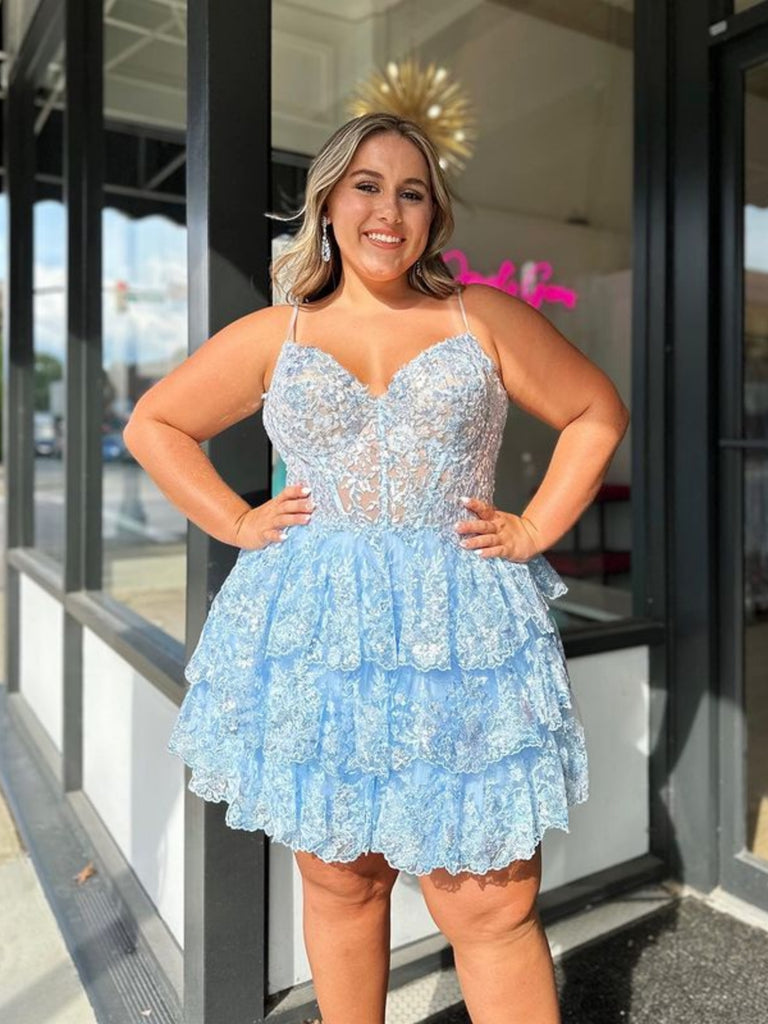 A Line V Neck Open Back Layered Blue Lace Short Prom Dresses, Blue Lac jbydress A Line V Neck Open Back Layered Blue Lace Short Prom Dresses, Blue Lac jbydress