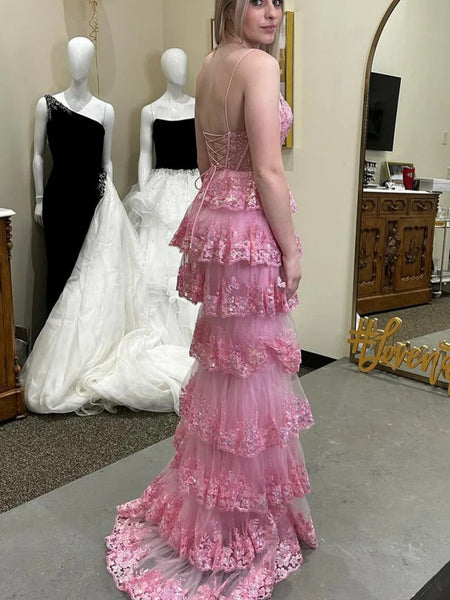 A Line V Neck Pink Lace Layered Long Prom Dresses with High Slit, Pink Lace Formal Dresses, Layered Pink Evening Dresses