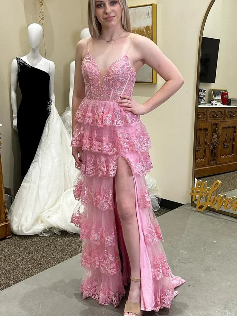 A Line V Neck Pink Lace Layered Long Prom Dresses with High Slit, Pink jbydress A Line V Neck Pink Lace Layered Long Prom Dresses with High Slit, Pink jbydress