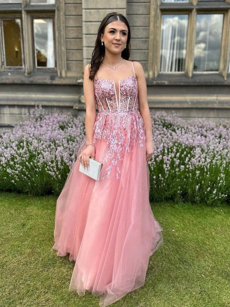 A Line V Neck Pink Lace Long Prom Dresses, Pink Lace Formal Dresses, L jbydress A Line V Neck Pink Lace Long Prom Dresses, Pink Lace Formal Dresses, L jbydress