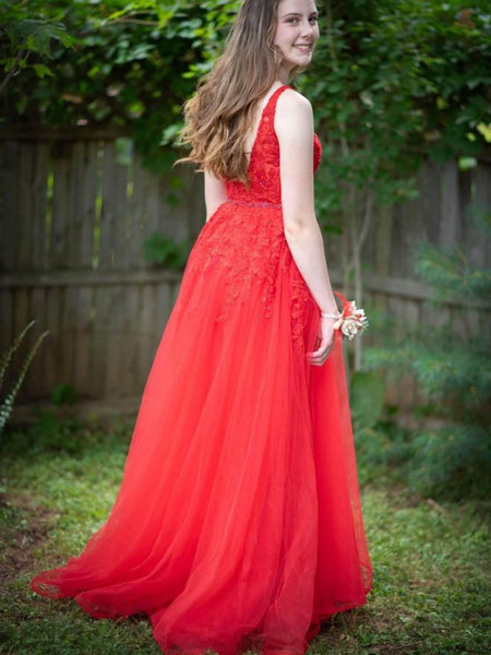 A Line V Neck Red Lace Long Prom Dresses with Belt, Red Lace Formal Dresses, Long Red Evening Dresses