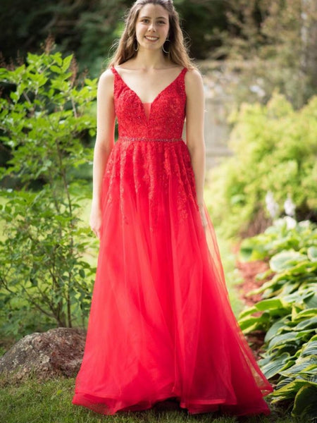 A Line V Neck Red Lace Long Prom Dresses with Belt, Red Lace Formal Dresses, Long Red Evening Dresses