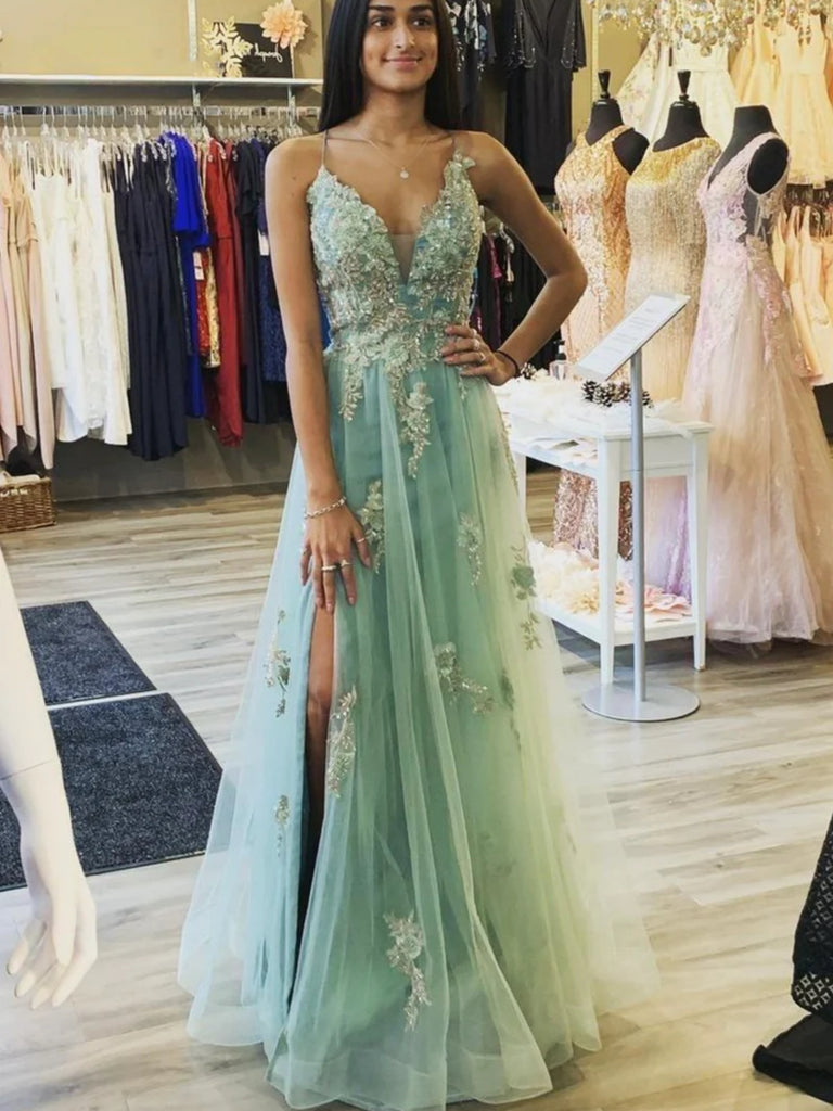 A Line V Neck Sage Tulle Lace Long Prom Dresses with High Slit, Sage L jbydress A Line V Neck Sage Tulle Lace Long Prom Dresses with High Slit, Sage L jbydress