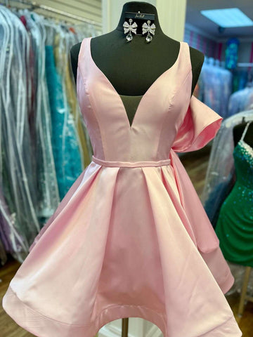 A Line V Neck Short Pink Satin Prom Dresses, Short Pink Satin Formal Homecoming Dresses