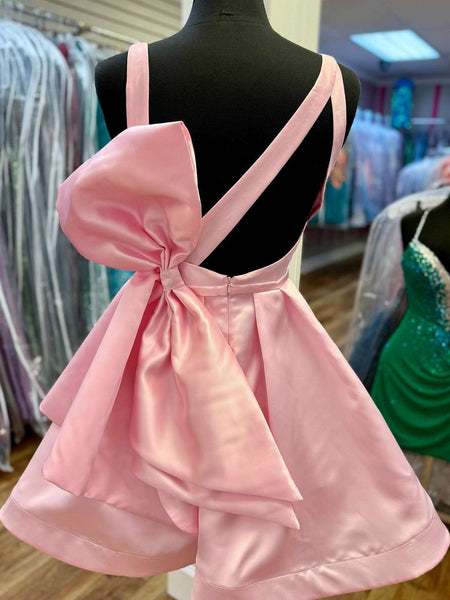 A Line V Neck Short Pink Satin Prom Dresses, Short Pink Satin Formal Homecoming Dresses