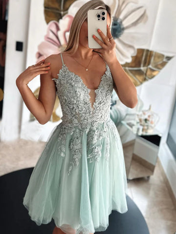 A Line V Neck Short Sage Green Lace Prom Dresses, Short Sage Green Lace Formal Homecoming Dresses