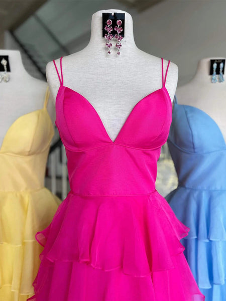 A Line V Neck Spaghetti Straps Pink Yellow Blue Layered Prom Dresses, Layered Long Formal Evening Dresses