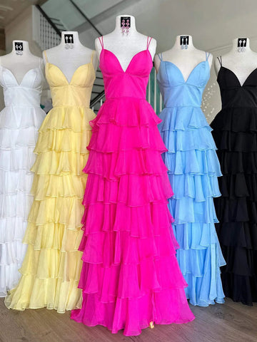A Line V Neck Spaghetti Straps Pink Yellow Blue Layered Prom Dresses, Layered Long Formal Evening Dresses