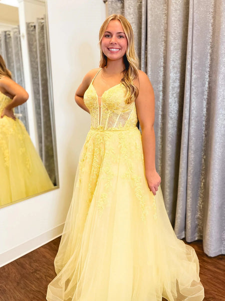 A Line V Neck Yellow Lace Long Prom Dresses, Yellow Lace Formal Dresses, Yellow Tulle Evening Dresses