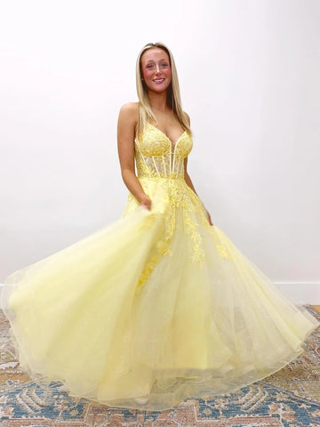 A Line V Neck Yellow Lace Long Prom Dresses, Yellow Lace Formal Dresses, Yellow Tulle Evening Dresses