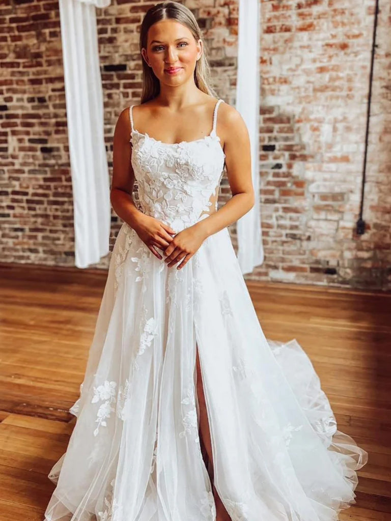 A Line White Lace Wedding Dresses, A Line White Lace Prom Dresses, White Lace Bridal Dresses