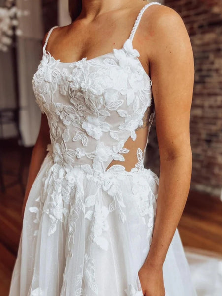 A Line White Lace Wedding Dresses, A Line White Lace Prom Dresses, White Lace Bridal Dresses