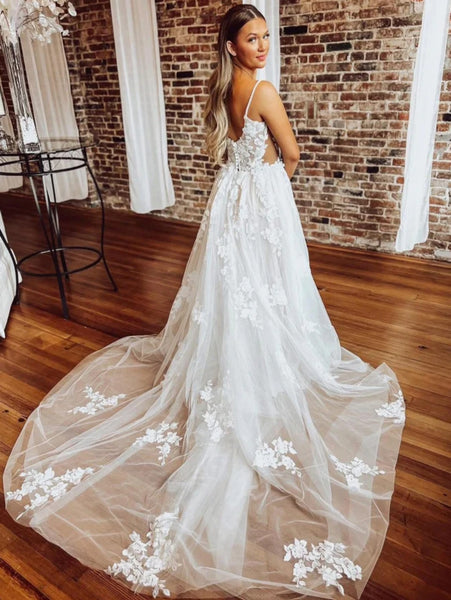 A Line White Lace Wedding Dresses, A Line White Lace Prom Dresses, White Lace Bridal Dresses