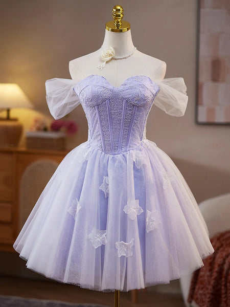 A Line off the Shoulder Short Purple Lace Prom Dresses, Short Lilac Purple Lace Formal Homecoming Dresses
